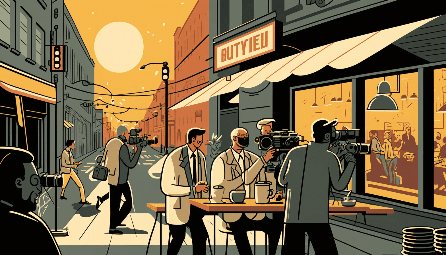 Video production team on a bustling city street shooting a commercial. The director wears sunglasses and sips a latte, while the cameraman captures the action with a handheld camera. The lighting technician uses natural light to create a bright, cheerful atmosphere. Retro-style illustration