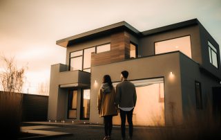 Photograph of a couple standing in front of a modern house